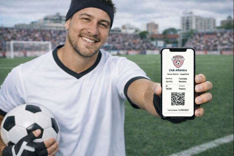 Socio de club deportivo mostrando carnet digital con código QR en app CuotaQ